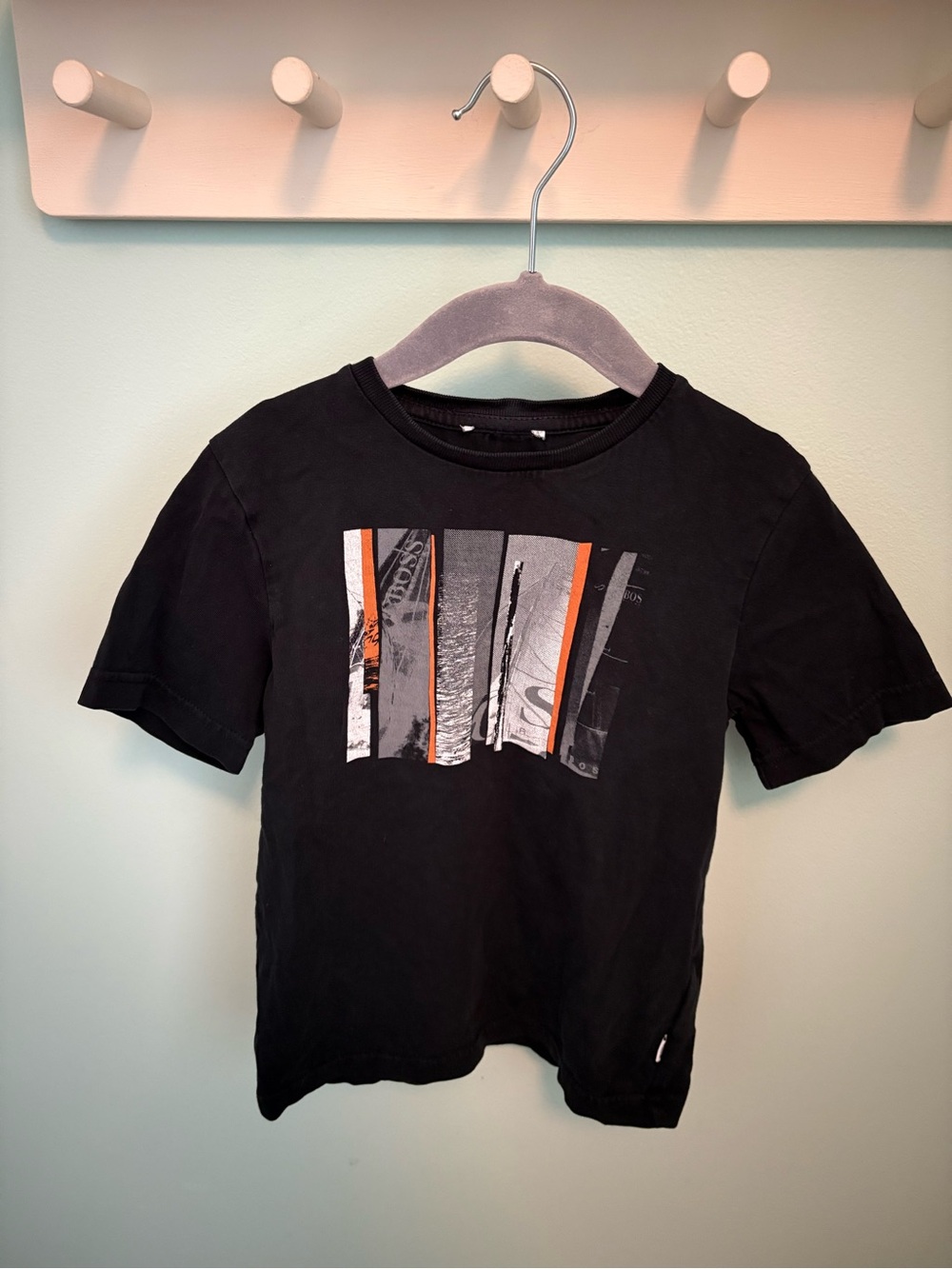 Hugo Boss Black Tee with Orange and Gray Graphic Stripes